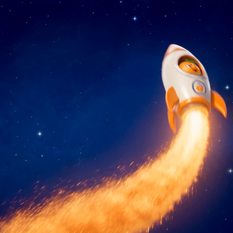 The orange travels through a star-filled sky.