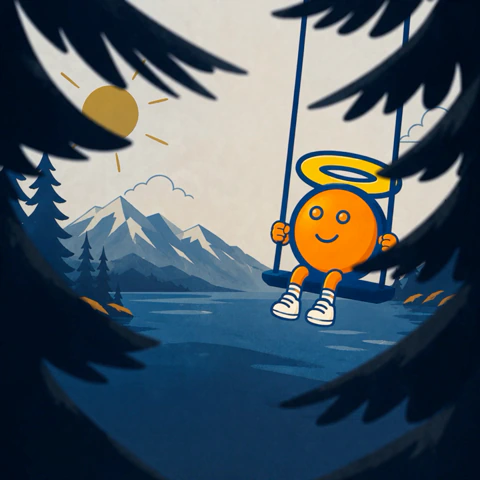 A swing carries the character over a mountain landscape.