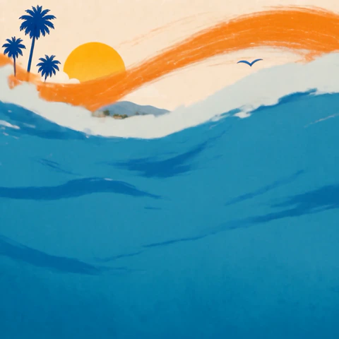 The character moves through a curling blue wave.