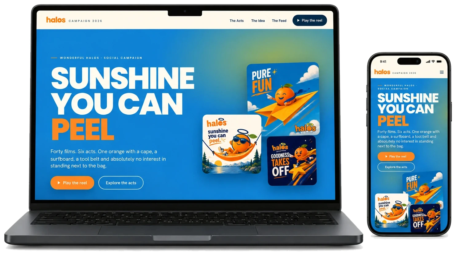 The actual Wonderful Halos campaign website on a MacBook and iPhone