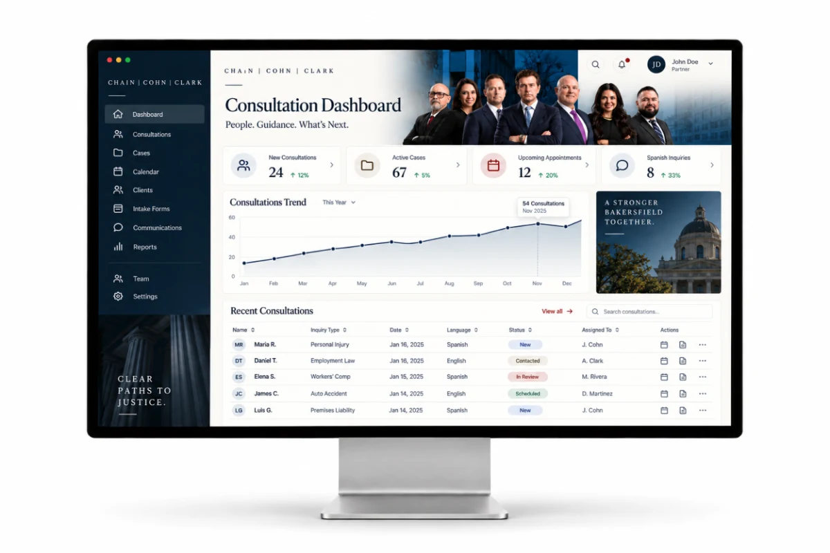 Chain Cohn Clark consultation dashboard displayed on a 27-inch desktop display