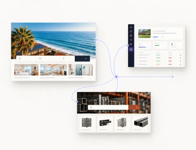 Three client systems mapped together: a hotel booking site, an operations dashboard, and a hardware store