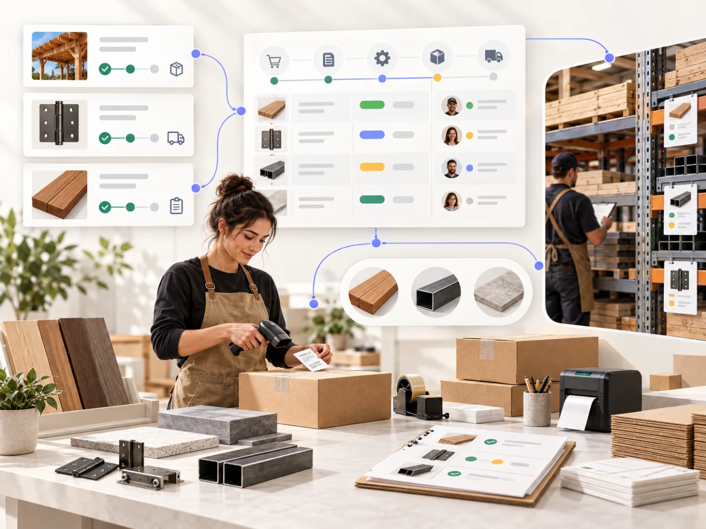 Order pipeline connecting customer, warehouse, and staff