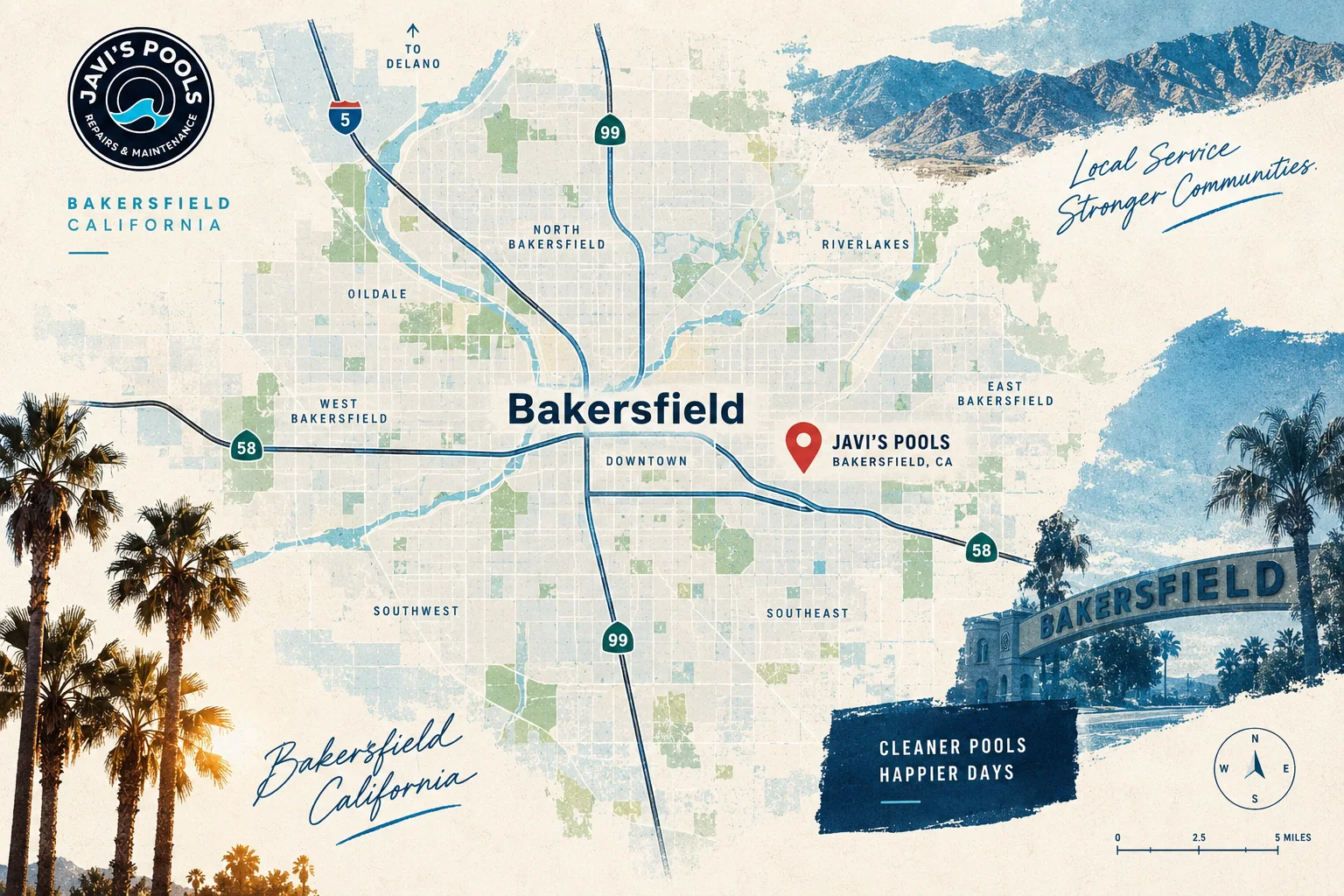 Illustrated map of Bakersfield for Javi's Pools service area