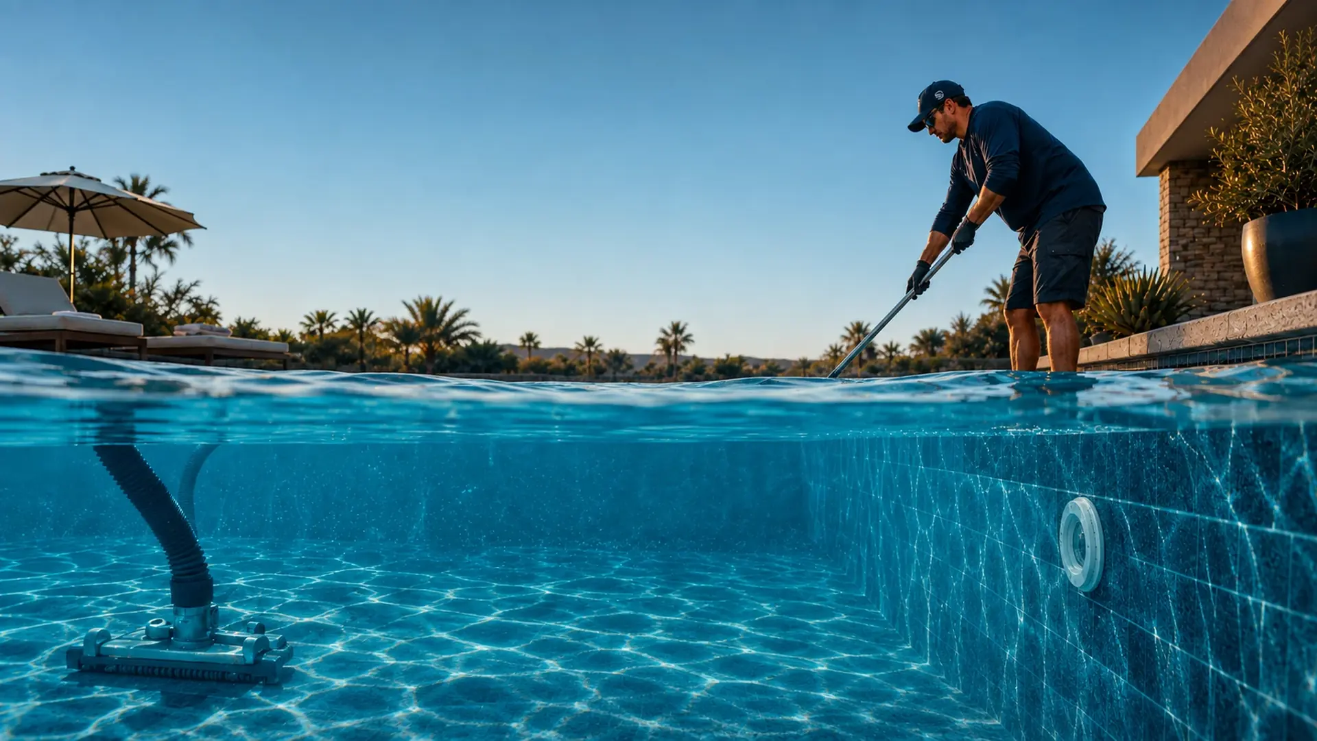 A pool technician cleaning a clear blue residential pool, seen at the waterline
