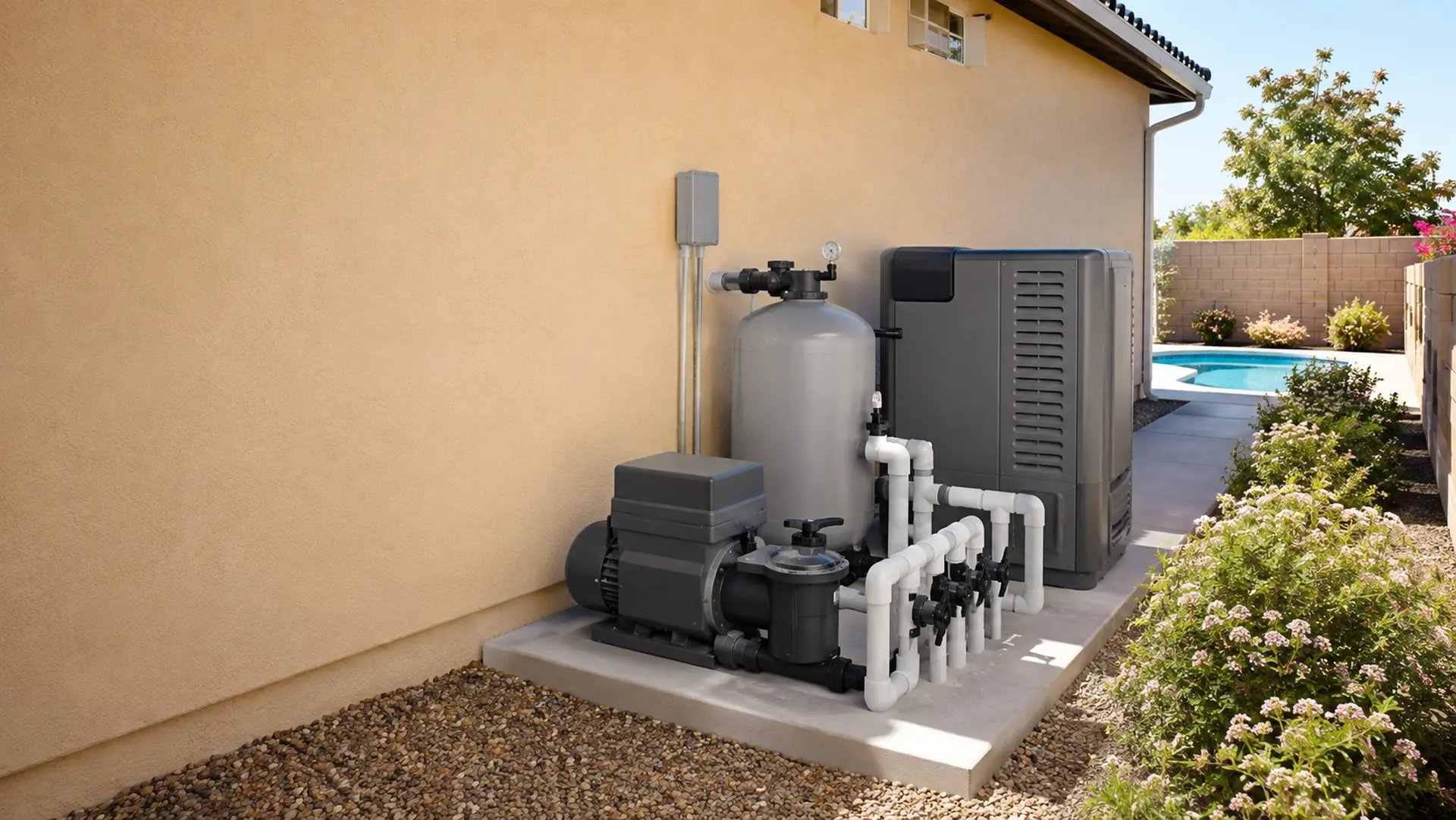 Pool pump, filter, and heater on an equipment pad beside a Bakersfield home