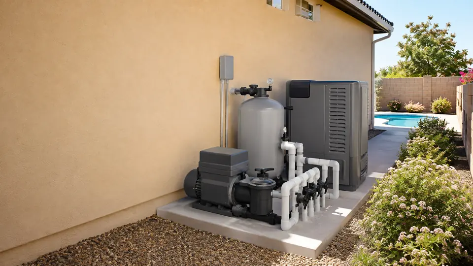 Pool pump, filter, and pipework on a residential equipment pad