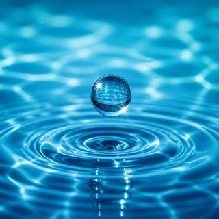 Clear water droplet above a pool ripple