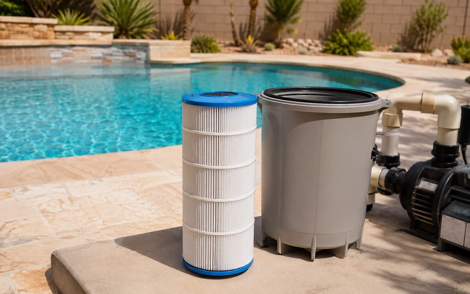 Pleated pool filter cartridge beside its housing