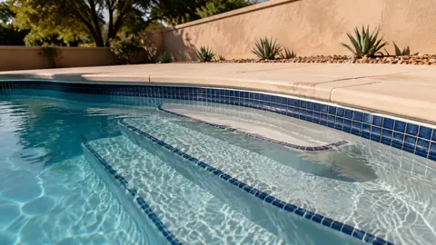 Sunlight on clear water and blue pool tile