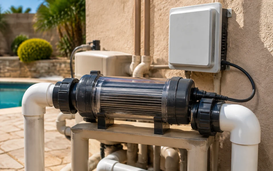 Salt chlorinator cell connected to pool plumbing
