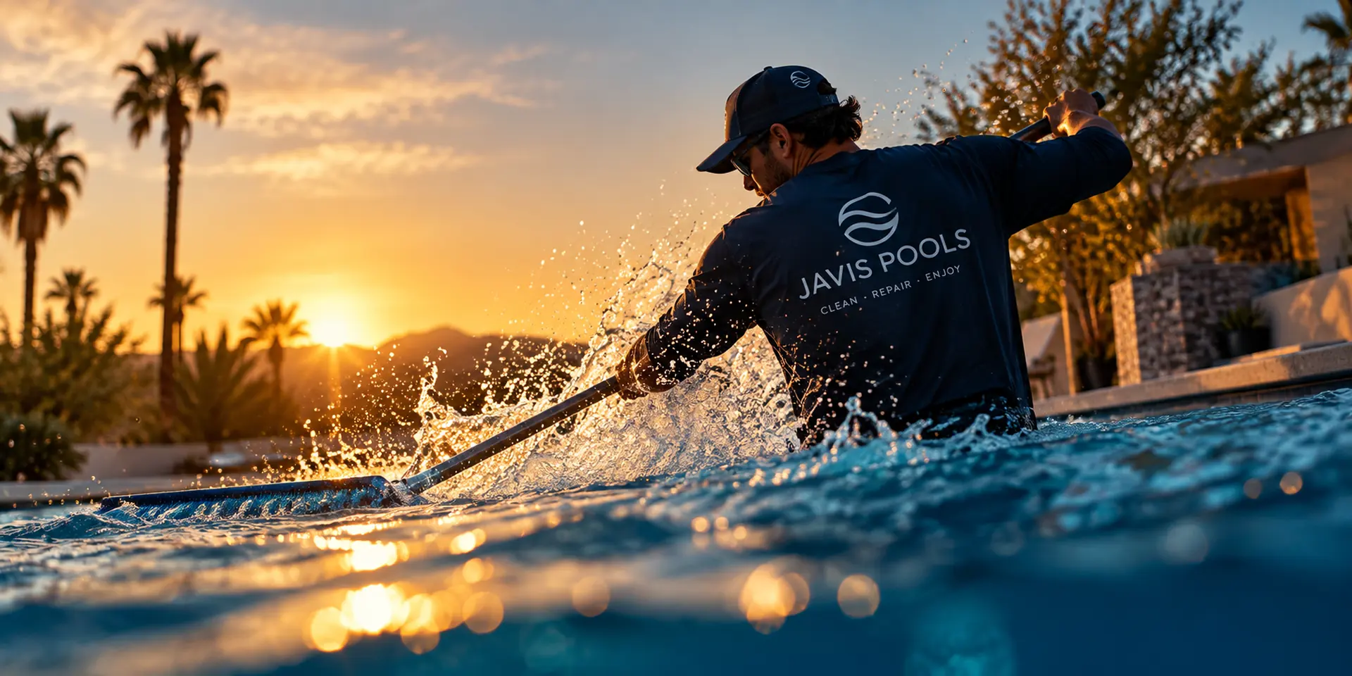 Technician brushing a pool at golden hour, water splashing