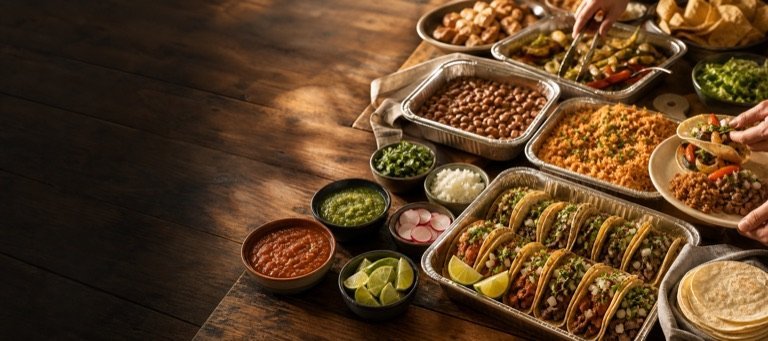 Mexican catering spread with tacos, rice, beans, salsa, and tortillas